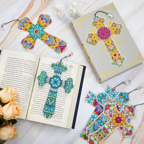 Vista 2 de Ireer 6 marcapáginas de arte de diamantes 5D cruzados para adultos, kit de pintura de bricolaje, regalos de Navidad, cristianos religiosos, llavero