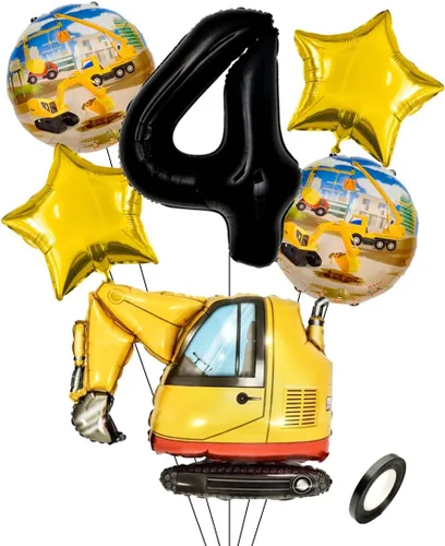 Vista 8 de Globos de construcción para fiesta de 4º cumpleaños, globos de construcción para decoración de 4º cumpleaños, globo de aluminio de excavadora Oro 4