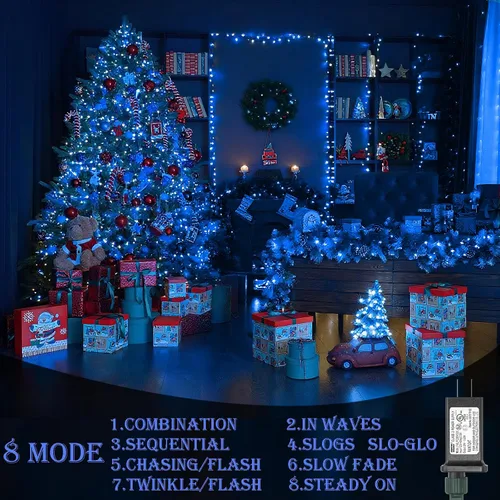 Vista 2 de Decute - Tira de luces de Navidad, impermeable, 300 LED, 105 pies, certificado UL con enchufe de extremo a extremo, 8 modos, guirnalda de luces
