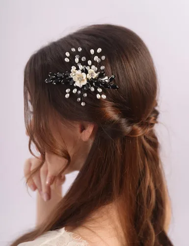 Vista 2 de Teyglen Pinza para el pelo de novia de cristal con diamantes de imitación, perlas hechas a mano, accesorios para el cabello de boda, accesorios