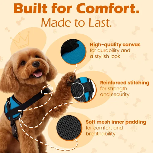 Vista 3 de Bark Appeal - Arnés para perro Aqua Blue sin tirones para mascotas de tamaño extra pequeño – Chaleco reflectante ajustable con 3 clips de correa