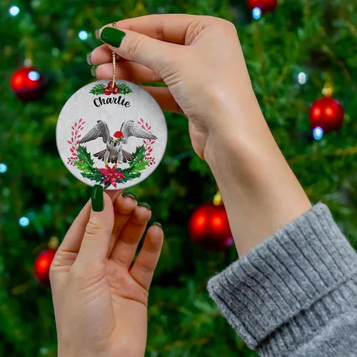 Vista 4 de Green Holly Sombrero de Papá Noel Peregrino Halcón Personalizado Nombre Adornos de Navidad 2024 Círculo Blanco Cerámica Animal Salvaje Amante Regalos