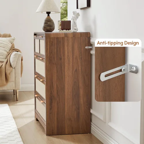 Vista 10 de Cómoda moderna de mediados de siglo para dormitorio con 4 cajones, cómoda de 35 pulgadas de alto con lino natural, cómoda de madera curvada