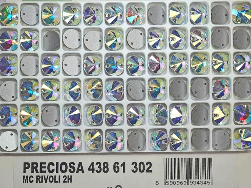 Vista 2 de Crystal AB, Preciosa Czech MC Rivoli - Piedras para coser, con 2 agujeros, estilo #438-61-302, plateado laminado, tamaño 0.394 in, 24 piezas