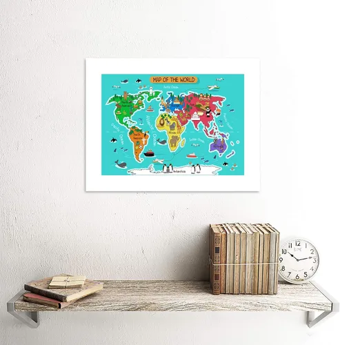 Vista 2 de Mapa del mundo con puntos de referencia y animales - Póster de decoración de pared premium