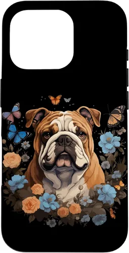 Vista 20 de Funda para iPhone 16 Bulldog Inglés con Flores y Mariposas