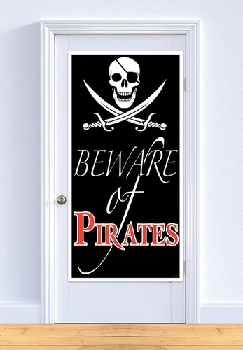 Vista 2 de Beistle Cubierta de plástico para puerta con texto en inglés "Beware of Pirates", 5 x 30 pulgadas, letrero de calavera y espadas, decoración