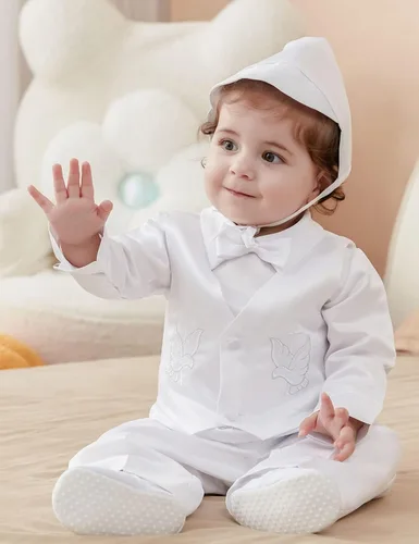 Vista 3 de A&J DESIGN Traje de bautismo blanco para bebé niño de 3 a 18 meses de manga larga con cruz bordada