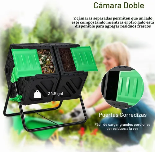 Vista 6 de Goplus Contenedor de compostaje, vaso de compostaje de doble cámara de 34.5 galones con 2 cámaras giratorias, puertas corredizas, compostador