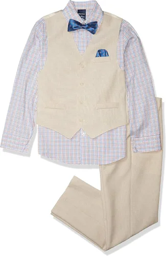 Vista 18 de Nautica Conjunto de traje formal de 4 piezas para niños con chaleco, pantalones, camisa de vestir con cuello y corbata Lino Azul