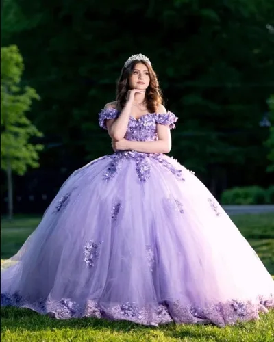 Vista 5 de XYAYE Vestido de quinceañera con cuentas de encaje con hombros descubiertos para mujer, vestido de fiesta con flores 3D hinchadas, dulces 15 16