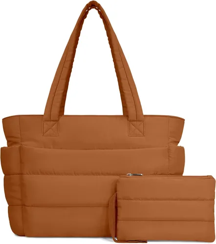 Vista 40 de TOPDesign Bolsa Tote Acolchada para Mujer, Bolso de Mano Ligero Inflado con Compartimentos, Bolsa de Hombro Acolchada para Trabajo, Viajes, Gimnasio
