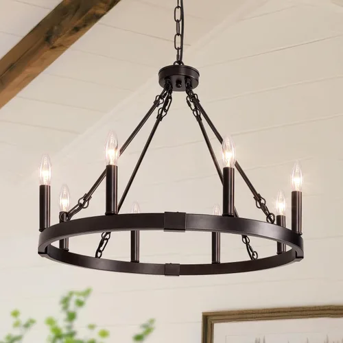 Vista 18 de Lámpara de araña de madera de granja de 19.49 pulgadas, lámpara rústica de comedor de 4 luces, lámpara de araña de altura ajustable, iluminación
