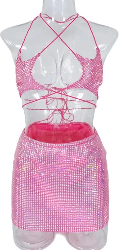 Vista 7 de FYMNSI Trajes de rave para mujer, disfraz de festival musical, lencería metálica de piel sintética, brasier de estrellas, falda ajustada para fiesta