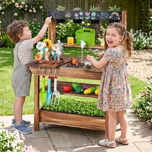 Vista 12 de Costzon Cocina de barro, cocina de juego al aire libre con fregadero, grifo, estufas y accesorios de cocina, estante de almacenamiento, carrito