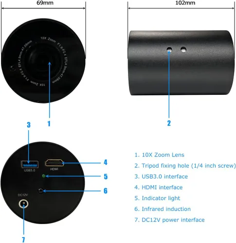 Vista 3 de SV10X Cámara profesional de transmisión de video en vivo Full HD 1080P 60fps USB3.0 HDMI 10X Zoom óptico por control remoto Cámara de enfoque