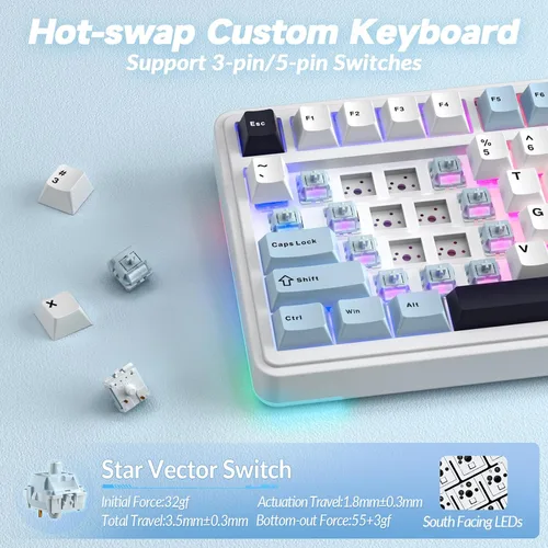 Vista 5 de AULA Teclado mecánico inalámbrico S75 PRO con pantalla y perilla, 75% teclado para juegos intercambiable en caliente con interruptores