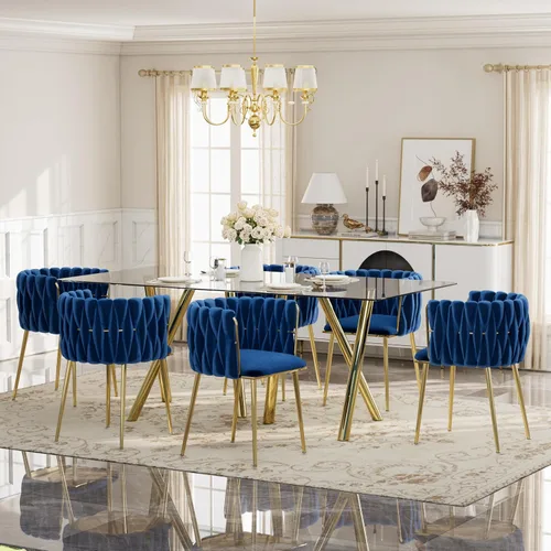 Vista 20 de Glam Style - Juego de mesa de comedor de 5 piezas para 4, mesa de comedor rectangular de vidrio templado de 51 pulgadas con base de metal dorado