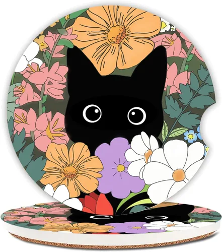 Vista 9 de Posavasos de coche absorbentes con diseño de gato alcanzado por un rayo para portavasos, paquete de 2, posavasos de cerámica de 2.56 pulgadas