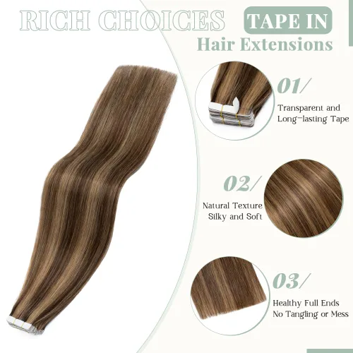 Vista 2 de Rich Choices Extensiones de cabello humano con cinta, 40 unidades, 2.48 onzas, 100% Remy, extensiones de cabello humano real, sin costuras, 12 Rubio