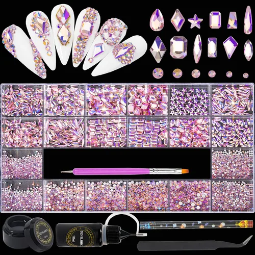 Vista 8 de Diamantes de imitación para uñas, 4300 unidades, oro champán, gemas de múltiples formas, diamantes de imitación de parte trasera plana, con kit