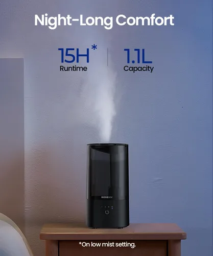 Vista 3 de ROSEKM Humidificadores para dormitorio (1.1L), pequeño humidificador de niebla fría para hogar, plantas y guardería de bebé, humidificador