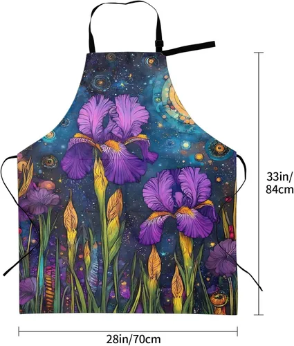 Vista 3 de Delantal de cocina con estampado de lirios morados, ajustable, impermeable, con bolsillos, unisex