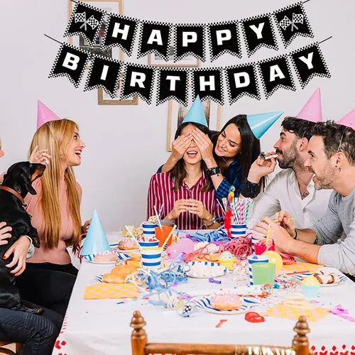 Vista 4 de Cartel de cumpleaños de coche de carreras, pancarta de feliz cumpleaños a cuadros, decoraciones de fiesta de autos de carreras, fiesta temática