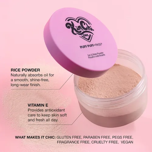 Vista 6 de KimChi Chic Beauty Puff Pass - Polvo fijador y sellador con la técnica baking, polvo suelto con borla extraesponjosa, maquillaje facial marrón suave