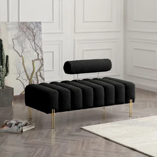 Vista 3 de Holaki Banco moderno de 53.2 pulgadas, cómodo sofá tapizado de tela sherpa, de 2 plazas, reposapiés, banco otomano con patas de metal dorado y Negro