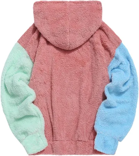 Vista 3 de ZAFUL Fuzzy Pullover Sudadera con capucha de manga larga Color de contraste Para uso al exterior Sudadera Tops con bolsillo.
