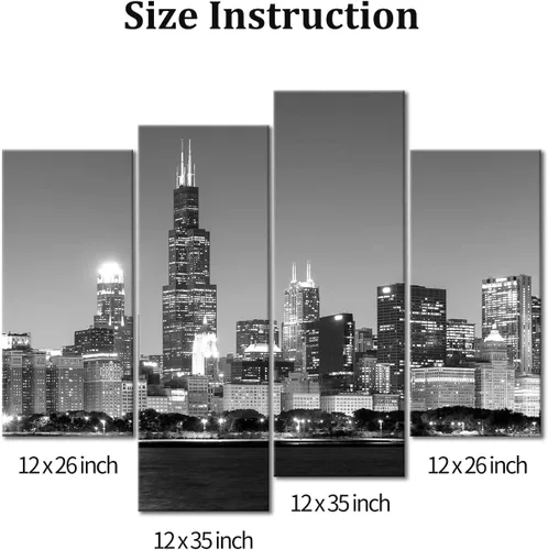 Vista 7 de 4 unidades de pintura de tela moderna arte de pared la imagen para la decoración del hogar, vista panorámica del horizonte de Chicago de noche