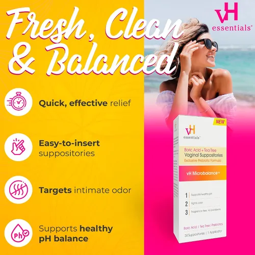 Vista 4 de vH Essentials Supositorios vaginales de ácido bórico y árbol de té, fórmula de prebióticos con ácido láctico, equilibrio de pH, control de olores