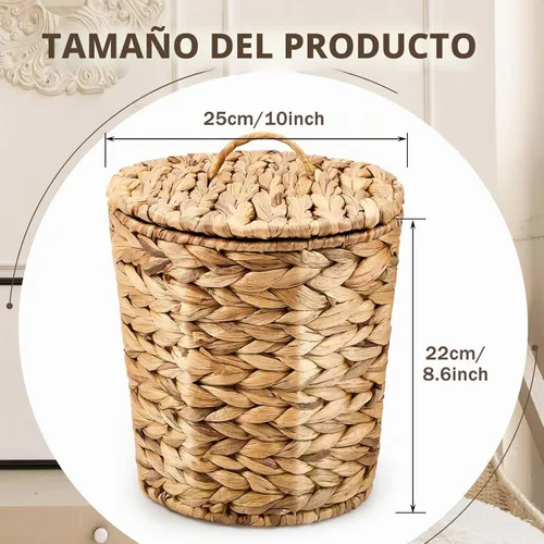 Vista 2 de Ctosree 2 Piezas Cestas de Basura de Mimbre Cesto de Residuos Tejido con Tapa Papelera de Baño Contenedor de Basura con 100 Bolsas de Basura