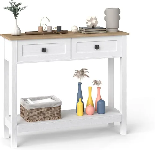 Vista 12 de kinbor Accent - Mesa consola blanca con cajón y estante, mesa de sofá de madera con almacenamiento para entrada, pasillo, sala de estar