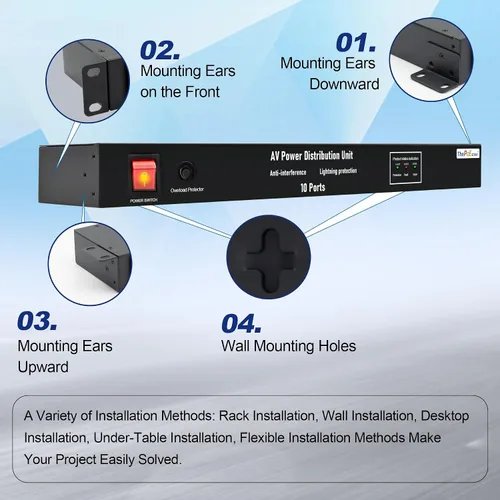 Vista 4 de Regleta de alimentación horizontal PDU de 19 pulgadas para montaje en rack - Protector de sobretensiones Para servidores de red, 10 tomacorrientes
