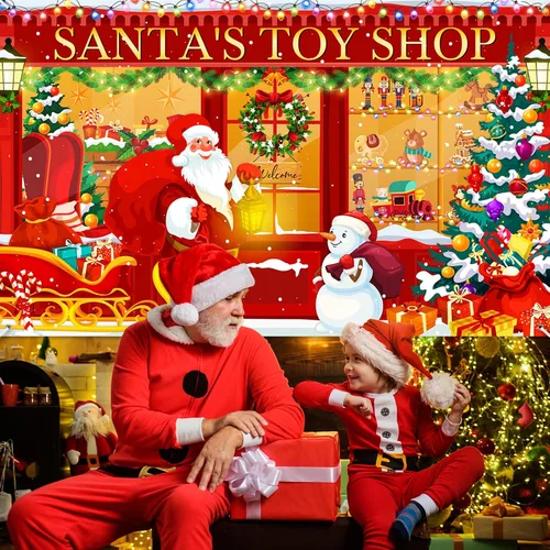 Vista 7 de Avezano Telón de fondo de Navidad, pancarta roja de la tienda de juguetes de Santa para fotografía, fondo de tienda de Navidad, decoración