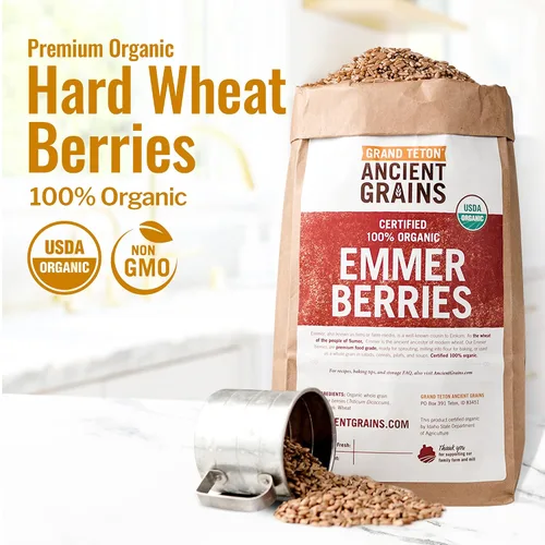 Vista 2 de Grand Teton - Granos antiguos de trigo emmer, 100% bayas orgánicas, bayas de trigo emmer orgánico de grado alimenticio premium, trigo farro