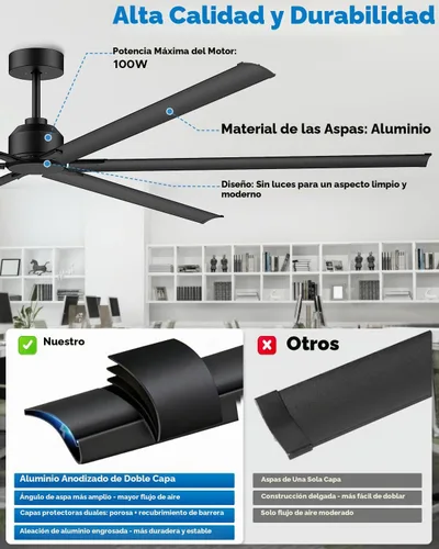 Vista 9 de Ventilador de techo industrial de 108 pulgadas, ventilador de techo comercial grande con 6 aspas de aluminio, ventilador HVLS para taller, garaje