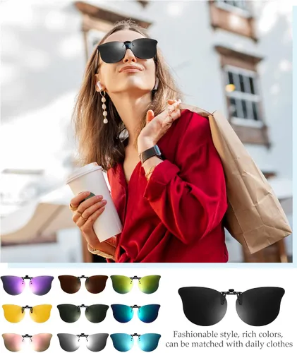 Vista 4 de Konohan 10 pares de lentes de sol polarizados con clip para gafas graduadas, abatibles para mujeres y hombres, protección UV, como se ve en las fotos