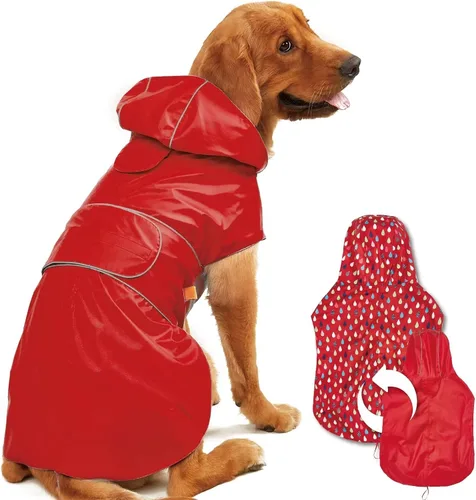 Vista 7 de Kimee - Impermeable reversible para perro, poncho protector de lluvia con capucha, chamarra impermeable ajustable con agujero para correa/tira
