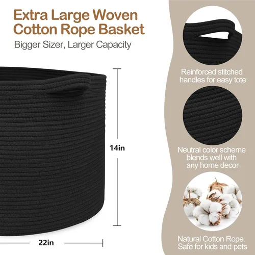Vista 2 de MEGASKET Cesta grande de manta negra, 22 x 22 x 14 pulgadas, contenedor de cuerda tejida para almacenamiento, caja de almacenamiento de juguetes