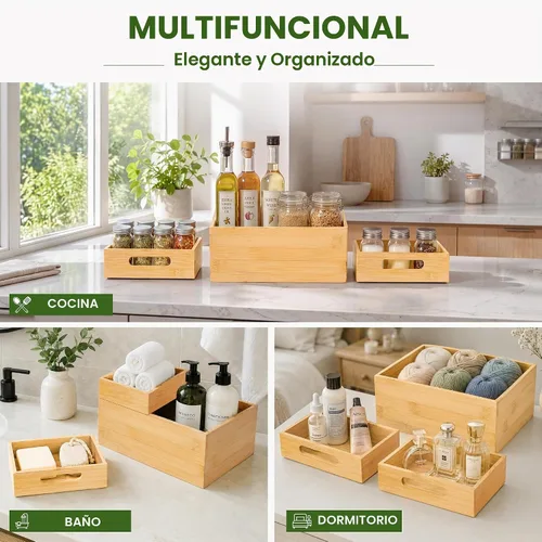 Vista 5 de HOMESTEAD - Caja de almacenamiento apilable de bambú de 3 piezas, contenedor de almacenamiento grande, cajas de madera para cajones de maquillaje