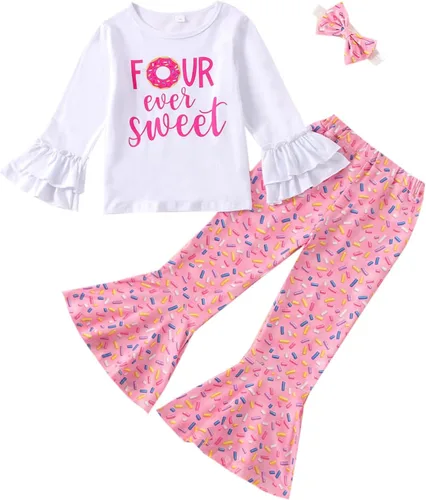 Vista 9 de Conjunto de ropa de cumpleaños para bebé niña pequeña, camiseta de manga larga, pantalones de campana, diadema