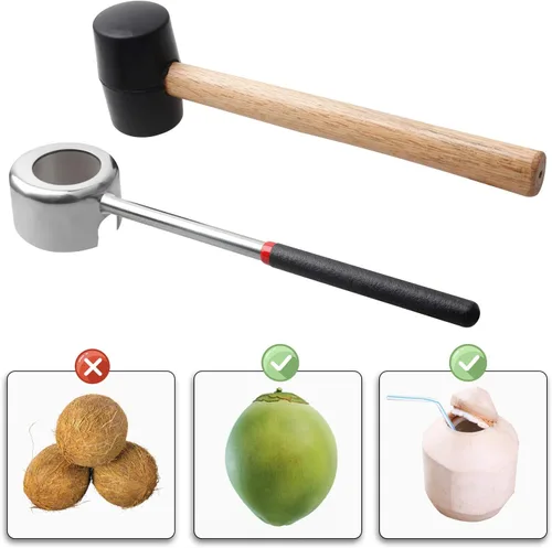 Vista 6 de Herramientas de abridor de coco con martillo, herramienta de coco joven súper segura y fácil de abrir, juego de abridor de coco de acero inoxidable