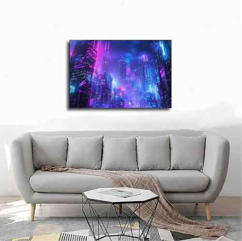 Vista 4 de Neon Cyberpunk Urban Art Print – Futuristic Night City Poster – Edgy Retro Subculture Wall Decor Poster Print for Teen Boys Room Wall Art Canvas