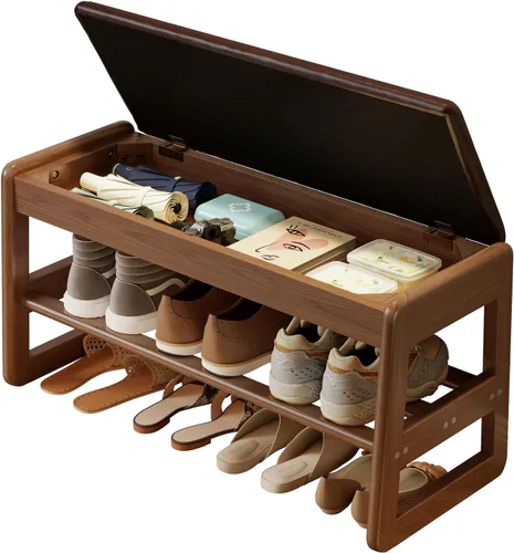 Vista 19 de AQIMUELE Banco pequeño para zapatos, banco de zapatos de 2 niveles con almacenamiento con tapa abatible, zapatero de madera para entrada, pasillo