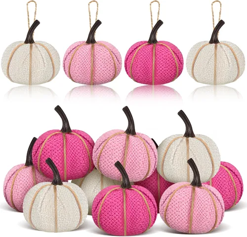 Vista 8 de Kajaia 12 piezas de mini adornos colgantes de calabaza de otoño de Acción de Gracias para árbol de 2.05 pulgadas, tela de arpillera, calabaza