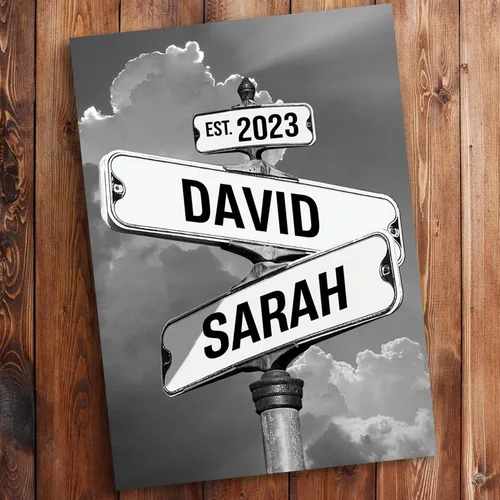 Vista 6 de Cartel de calle vintage de lienzo personalizado para parejas, cartel de cruce de caminos con nombre personalizado, el mejor regalo para parejas