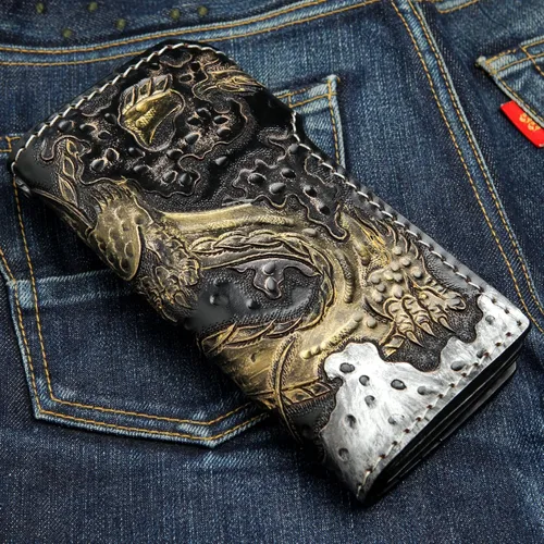 Vista 3 de Cartera de cuero Golden Emperor Dragon Biker, Dorado, Moderno